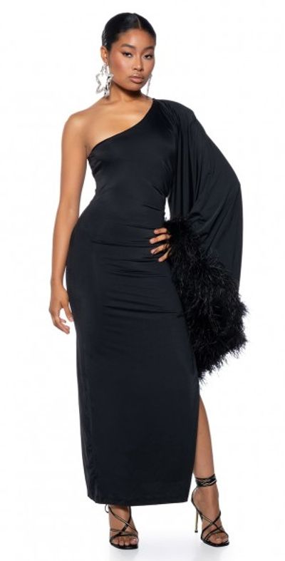 AKIRA BRING THE DRAMA ONE SLEEVE FEATHER DRESS