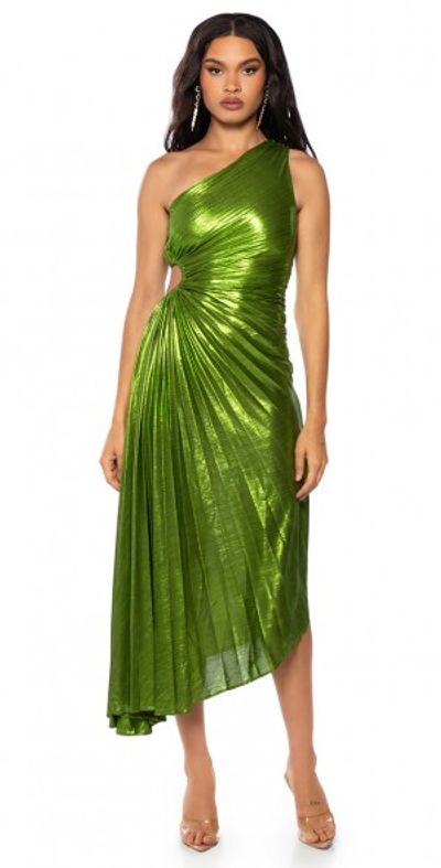 AKIRA - ELEVATE ME PLEATED CUT OUT METALLIC MIDI DRESS IN GREEN AKIRA - ELEVATE ME PLEATED CUT OUT METALLIC MIDI DRESS IN GREEN