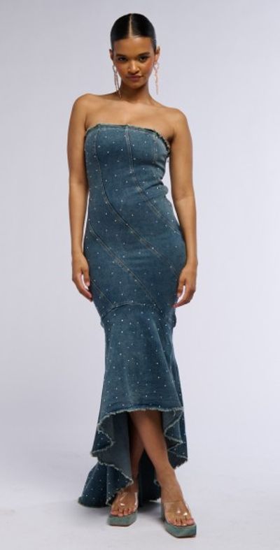 denim high low dress ASOS LUXE - Maxi - Women - Cotton - 0 US low blue denim dress featuring an exaggerated pointed collar Shirt Dress High Low Denim