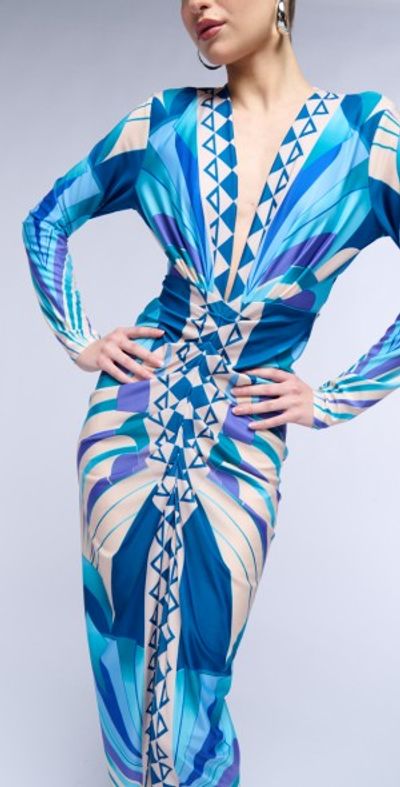 AKIRA - ODETTE SCARF PRINT MIDI DRESS IN TEAL AKIRA - ODETTE SCARF PRINT MIDI DRESS IN TEAL