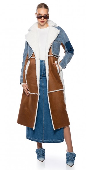 AZALEA WANG - MIX IT UP FAUX SUEDE SHEARLING TRENCH WITH DENIM CROP