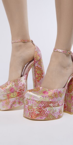 AZALEA WANG - ZIPPORAH PINK BROCADE PLATFORM SANDAL