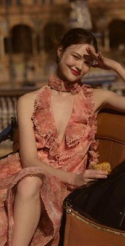 bhldn high-neck ruffle printed organza maxi dress BHLDN High-Neck Printed Chiffon Maxi Dress
