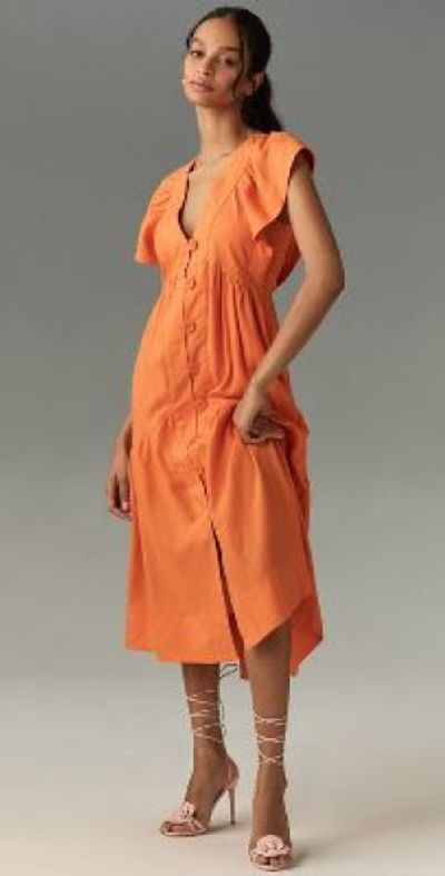 By Anthropologie The Reneé Flutter-Sleeve Linen Button-Front Midi Dress