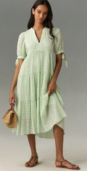 English Factory - Short-Sleeve Gingham Tiered Midi Dress