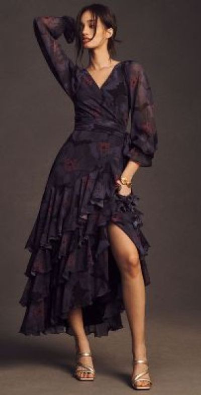 Hutch - Kya Long-Sleeve V-Neck Printed Tiered Wrap Maxi Dress