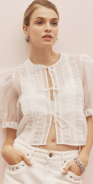 MABLE - Sheer Tie-Front Puff-Sleeve Blouse
