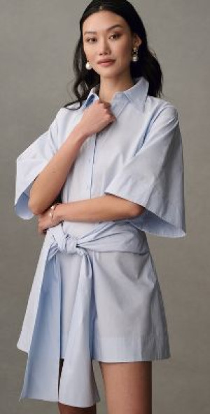【I AM MARI】Crisp Cotton Short Sleeve Shirt Wrap Dress ★ Mare Mare - Short-Sleeve Wrap Mini Shirt Dress