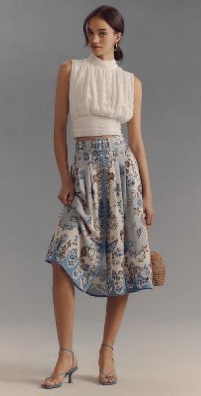 Ranna Gill Linen Blend Belted Seashell Midi Skirt