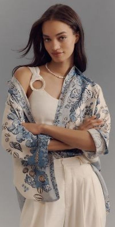 Hitawami Ranna Ranna Gill - Linen Blend Tropical Print Buttondown Blouse