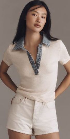 SER.O.YA Denim-Collar Short-Sleeve Sweater