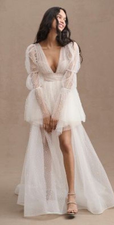 watters palma sequin removable tulle sleeve mini dress UMBERTA | Mermaid wedding dress with square neckline in crepe