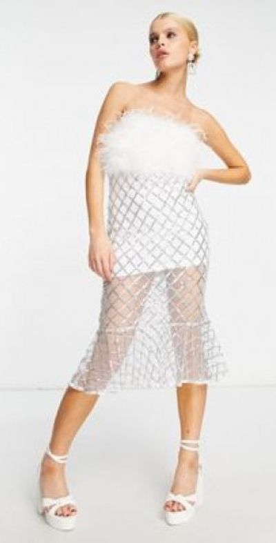 Amy Lynn bardot faux fur midi dress with silver chain skirt-White