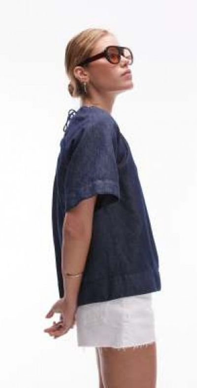 Arket ARKET linen mix denim top with volume sleeves in clean indigo blue