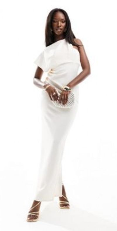 ASOS DESIGN - asymmetric high neck minimal maxi dress in cream-White
