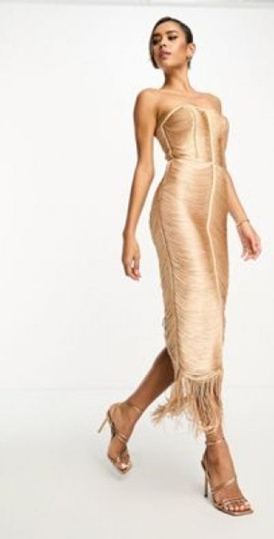 ASOS DESIGN - bandeau fringe midi dress in stone-Neutral ASOS DESIGN - bandeau fringe midi dress in stone-Neutral