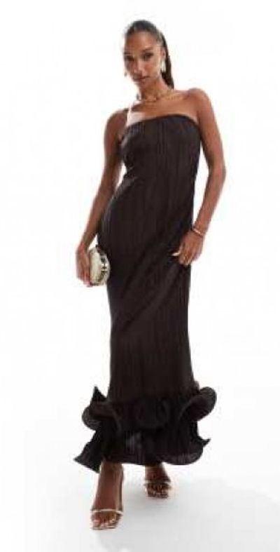 ASOS DESIGN - bandeau plisse maxi dress with dramatic curly hem in  chocolate brown