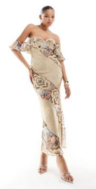 ASOS DESIGN bardot bias midi dress with ruffle and lace trim in