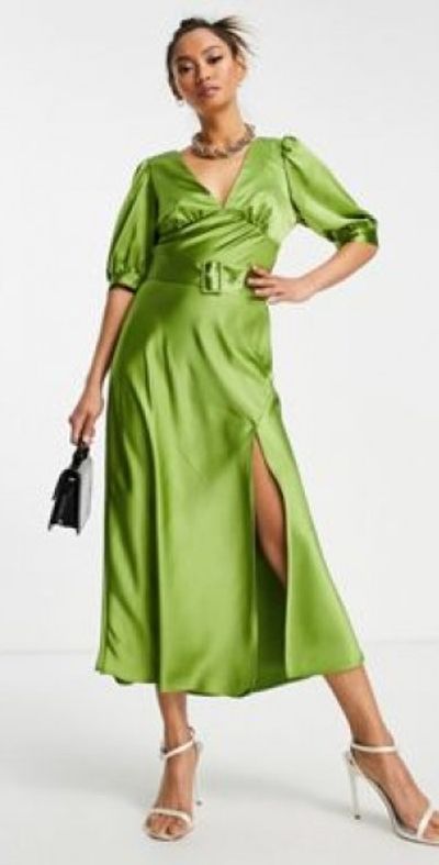 ASOS DESIGN - belted satin midi tea dress in green