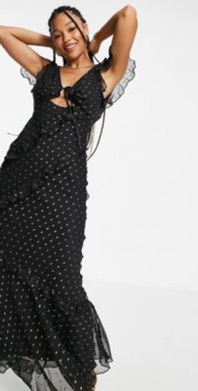 ASOS DESIGN - bias cut tea maxi dress with ruffle sleeve in fil coupe-Black