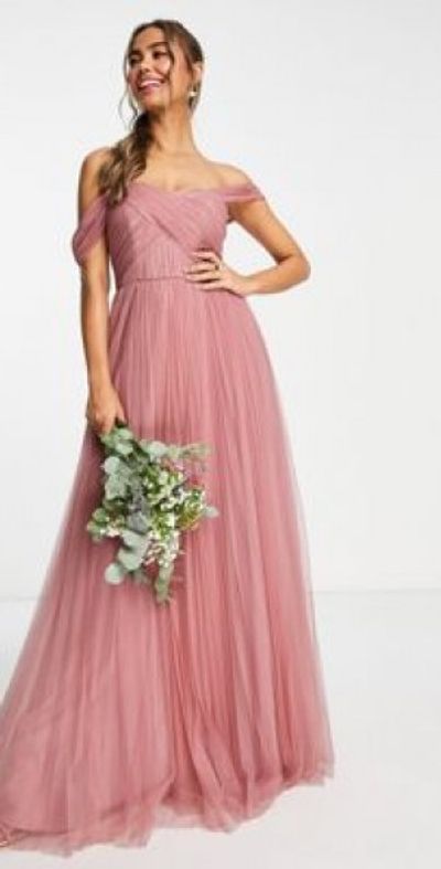asos bridesmaid dresses pink ASOS DESIGN Bridesmaids off the shoulder satin maxi dress in pink