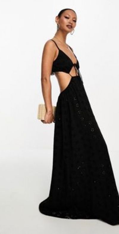 ASOS DESIGN broderie strappy cut out maxi dress in black