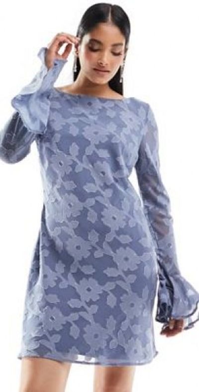 ASOS DESIGN - burnout mini dress with flared sleeves and open back in  washed blue
