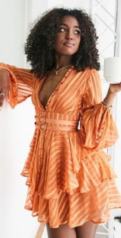 ASOS DESIGN - button front mini dress in satin stripe with belt detail-Brown
