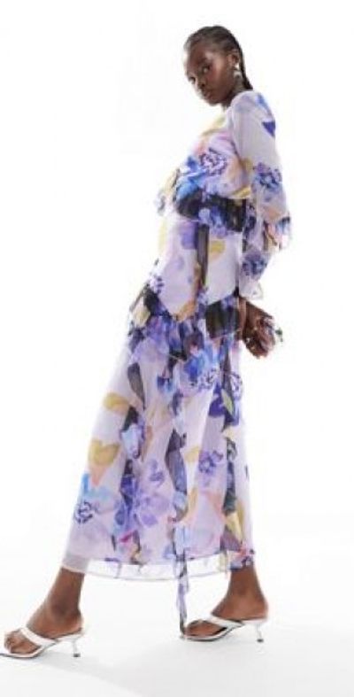 asos purple ruffle dress ASOS DESIGN 3D flower draped ruffle sleeve midaxi dress with open back in  lilac
