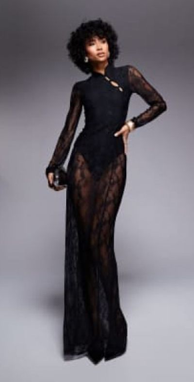 ASOS DESIGN - collar detail long sleeve sheer lace maxi dress with bodysuit  in black