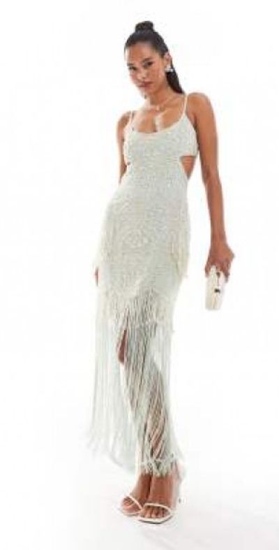 sage beaded dress Elegant Sage Green Beaded Evening Dress with Flowing Hem LA72928 Sage Green / 8
