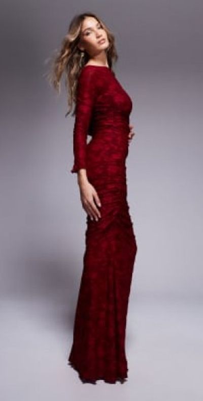ASOS DESIGN - devore long sleeve ruched maxi dress in wine-Red