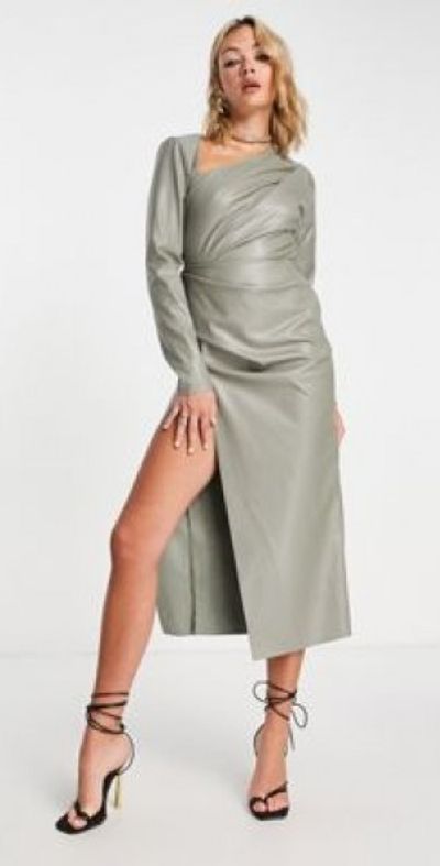 knee length dresses for ladies Rent Asos Edition Satin Bardot Drape Wrap Maxi Dress In Cinnamon Rose main image 1