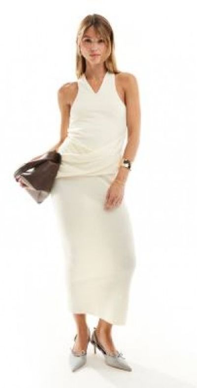 ASOS DESIGN - drape front midi dress with cross back in cream-White ASOS DESIGN - drape front midi dress with cross back in cream-White