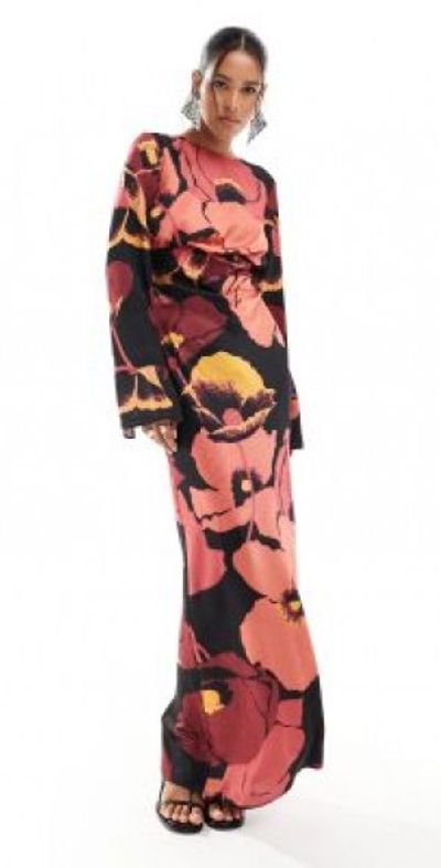 ASOS DESIGN - draped front tuck sleeve bias maxi dress in abstract black based floral-Multi ASOS DESIGN - draped front tuck sleeve bias maxi dress in abstract black based floral-Multi
