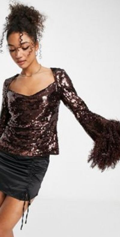ASOS DESIGN embellished long sleeve top with feather cuff cowl