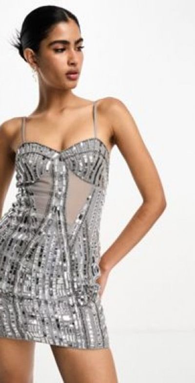 asos design embellished detail draped chiffon mini dress in gray COLOR:CAROB BROWN Short 3D Floral Homecoming COUNT-70 Sequin The ASOS DESIGN chiffon