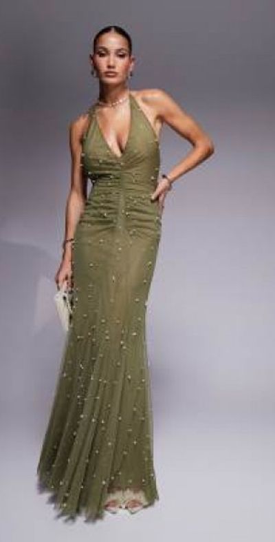 green emerald velvet dress Sarlyn Long Sleeve Maxi Dress in Khaki
