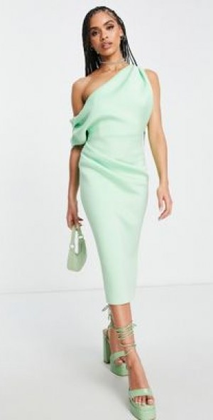 ASOS DESIGN fallen shoulder pleat back midi dress in green ash