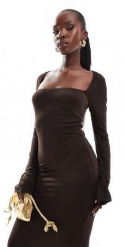 slim fit dress slacks Black High Neck Keyhole Cut Out Flared Sleeve Midi Dress