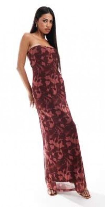 ASOS DESIGN - floral bandeau mesh maxi dress in wine-Red