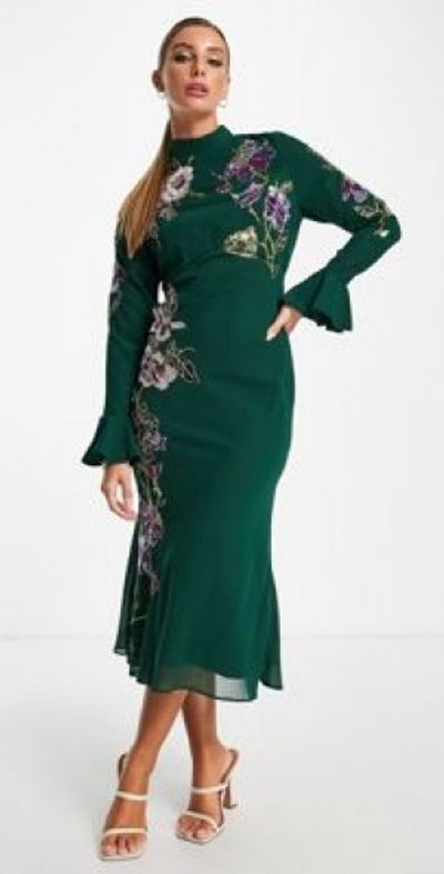 slim fit dress slacks Amadine Embellished Dress In Green Doppio Satin main image 0
