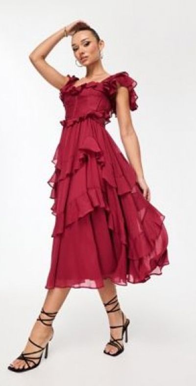 asos tiered midi dress ASOS Design Ruched Square Neck Tiered Midi Dress with lace inserts in White