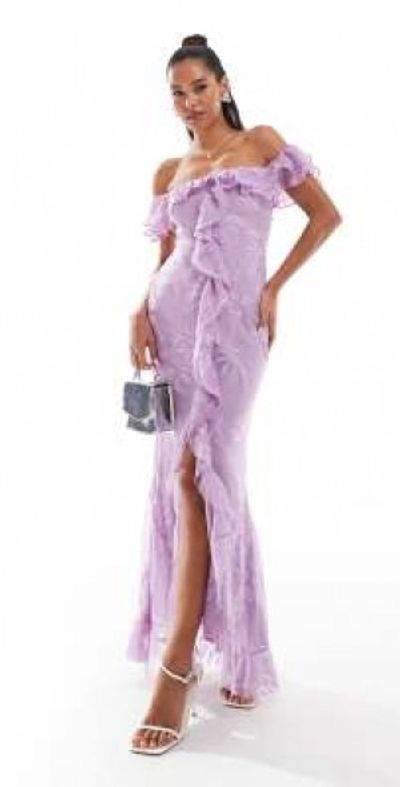 purple ruffle dress asos ASOS DESIGN Petite satin bias ruffle maxi dress in purple