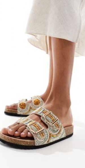 ASOS DESIGN Funky beaded double strap flat sandals in gold