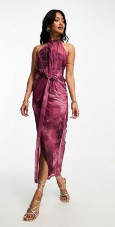 purple floral halter neck bodycon midi dress ASOS DESIGN champagne and black bridesmaid