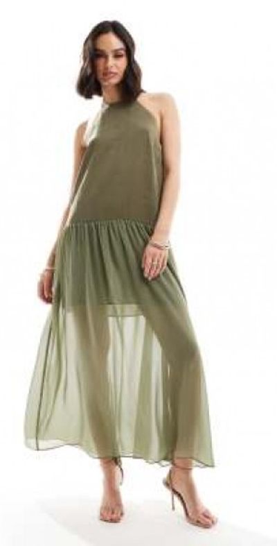 ASOS DESIGN - halter trapeze cupro and chiffon maxi dress in khaki-Green