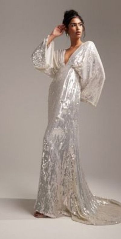ASOS DESIGN - Harriet sequin plunge kimono sleeve wedding dress in ivory -White ASOS DESIGN - Harriet sequin plunge kimono sleeve wedding dress in ivory -White