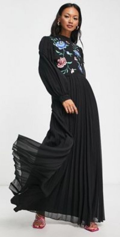 ASOS DESIGN - high neck pleated long sleeve skater maxi dress with embroidery in black ASOS DESIGN - high neck pleated long sleeve skater maxi dress with embroidery in black