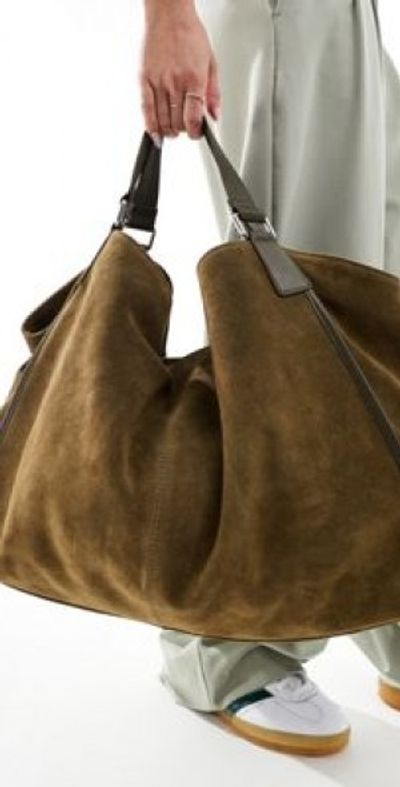 ASOS DESIGN ASOS DESIGN large suede tote bag with leather piping detail in khaki-Green